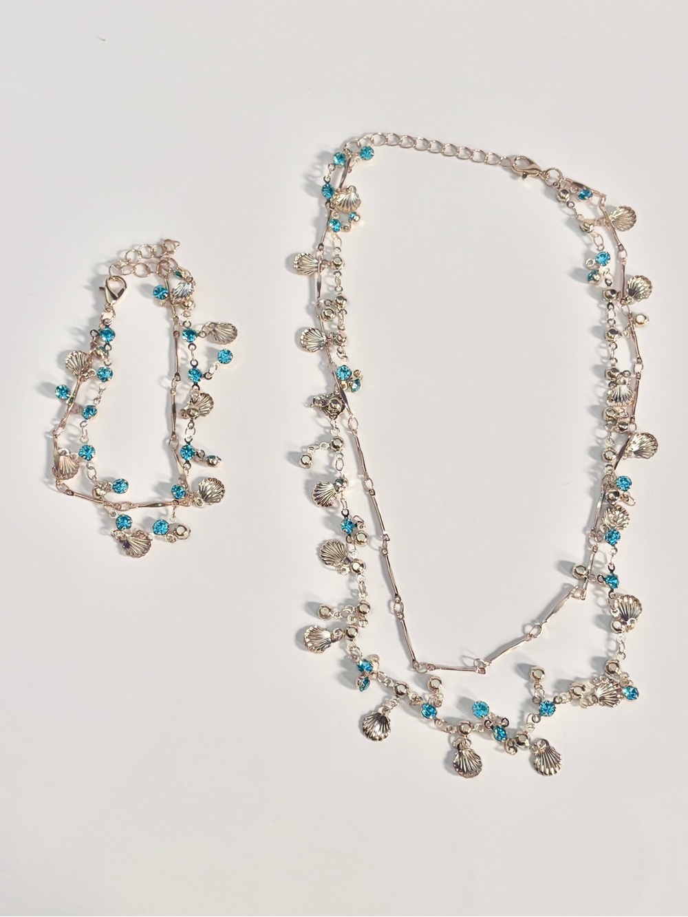 Gold-Tone Shell & Aqua Crystal Layered Necklace and Bracelet Set